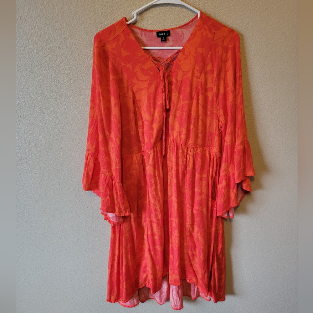 Torrid Lace Up Hi-Low Babydoll Dress Stretch Challis Floral Orange, 0